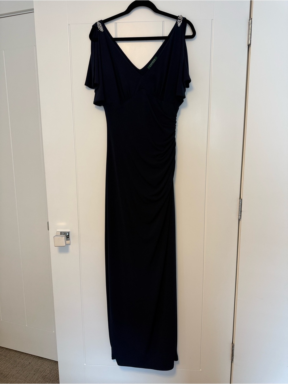 Ralph Lauren Navy Maxi V-Neck Evening Gown with Embellished Sleeves Size 8